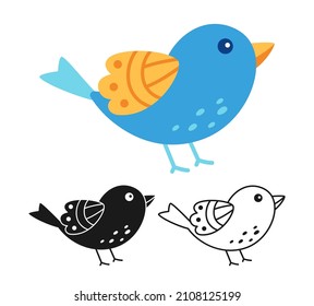 Bird sparrow with cartoon or stamp, doodle outline set. Modern trendy happy character comic stencil birds. Hand drawn flat abstract fun press. Drawing vector illustration