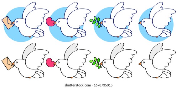 Bird Species Hand Drawn Set. Vector Isolated Flying Pigeon