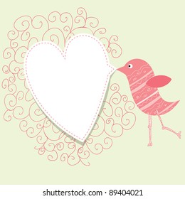 Pájaro con corazón de burbuja de habla. Concepto de valentina vintage.