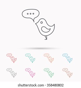 Bird with speech bubble icon. Chat talk sign. Cute small fowl symbol. Linear icons on white background.