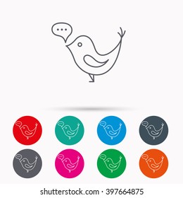 Bird with speech bubble icon. Chat talk sign. Social media concept symbol. Linear icons in circles on white background.