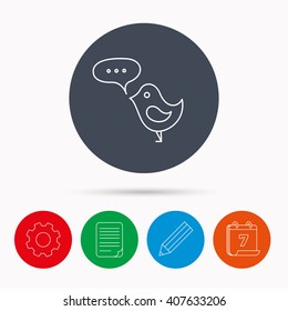 Bird with speech bubble icon. Chat talk sign. Cute small fowl symbol. Calendar, cogwheel, document file and pencil icons.