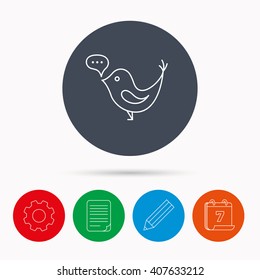 Bird with speech bubble icon. Chat talk sign. Symbol. Calendar, cogwheel, document file and pencil icons.