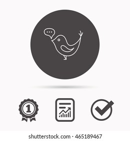 Bird with speech bubble icon. Chat talk sign. Social media concept symbol. Report document, winner award and tick. Round circle button with icon. Vector
