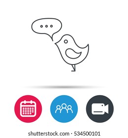Bird with speech bubble icon. Chat talk sign. Cute small fowl symbol. Group of people, video cam and calendar icons. Vector
