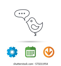 Bird with speech bubble icon. Chat talk sign. Cute small fowl symbol. Calendar, cogwheel and download arrow signs. Colored flat web icons. Vector