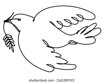 Bird with a spikelet one line on a white background. Illustration with a dove of peace in an abstract style. Stock vector image.