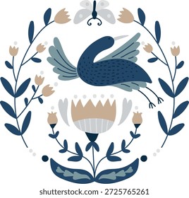 Vogel mit gespreizten Flügeln springt über volkstümlichen Blumenkranz, mit Schmetterling und Knospen in symmetrischem Layout. Symbol für Freiheit, Harmonie, Natur und Feier. Cartoon, Vektorgrafik.