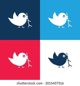 Bird With Sprig In Its Beak blue and red four color minimal icon set