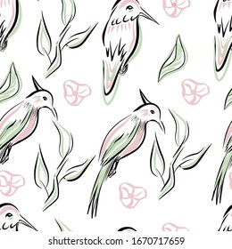 Las flores de primavera de las aves dejan un patrón sin fisuras en el fondo blanco para el diseño e impresión en tela o papel.