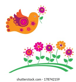 Bird and spring flowers. Vector illustration.