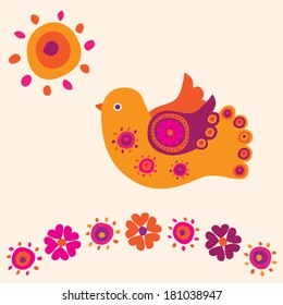 Bird and spring flowers. Vector illustration.