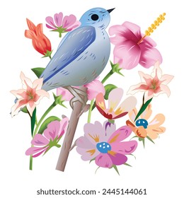 Bird and Spring Flowers Vector Illustration