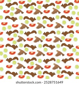 bird, squirrel with fruit as a pattern background