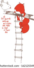 bird and a squirrel and place for your text. A tree branch with ladder. 