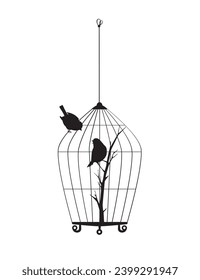 Bird standing on a cage with bird inside, vector. Bird on cage illustration. Minimalist black and white art design isolated on white background, illustration. Symbol of love, freedom.