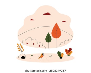 A bird standing on the ground, looking up toward rolling hills, minimal trees, and dark red clouds.