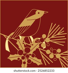 A bird standing on holly branches with red berries, Christmas concept vector illustration