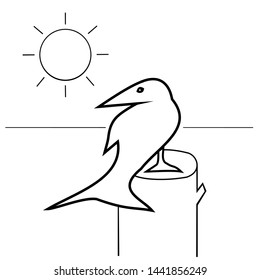 The bird is standing on the stump with the horizon of the sea and the sun is shining, Black and white line drawing