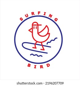 Bird standing on a surfing board, line art vector logo