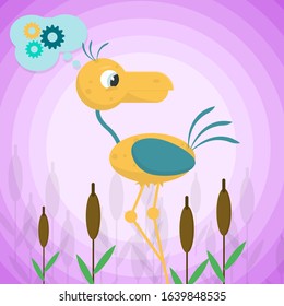 the bird stands on one leg among the reeds on a pink background and thinks thoughts in the form of gears vector EPS 10