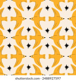 Bird and star seamless pattern. Yellow bird and black stars. Vector illustration for wrapping paper, fabric, cover, case, background.