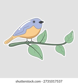 Pegatina de pájaro con un pájaro cantor azul y naranja posado en una rama de hoja verde. Ideal para diseños de naturaleza de primavera, blogs de observación de aves y papelería botánica