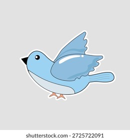 Pegatina de pájaro. Una Ilustración vectorial de un pájaro azul lindo en vuelo, para temas de naturaleza, diseños de primavera, o como símbolo de felicidad y libertad
