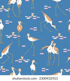 Bird Stilt Cute Seamless pattern with water lilies. Vector wetland animal vintage illustration on blue background