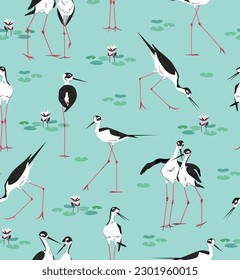 Rastreo de pájaro con nenúfares. Vector humedal animal vintage ilustración en fondo azul