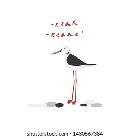 Bird stilt walker vector hand drawn illustration. Sea bird among the stones and inscription Krak isolated clipart. Postcard design element, kids game, book, t-shirt