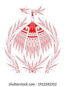 The bird stork with a flower is a symbol of free Belarus and a peaceful protest against violence and dictatorship. Colors of the national resistance - red and white. Ethnic style. Vector illustration.