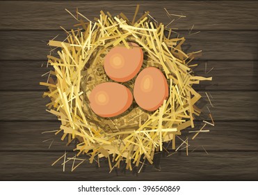 Bird straw nest with eggs on wood background. Vector illustration