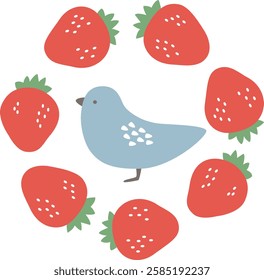 Bird and strawberry frame illustration