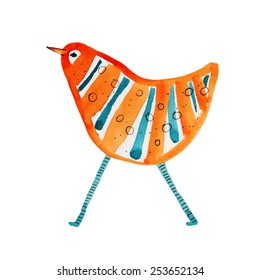 Bird striped orange blue. Greeting. Watercolor. Vector 