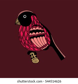 A bird in the style of Zentangle on a dark background. Bullfinch.Hand drawing for greeting cards, logo. Vector illustration