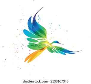 Bird stylized art, colorful bird on white background, fantasy bird in flight, abstract graphic bird, color vector image