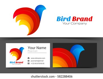 Bird Stylized Corporate Logo and Business Card Sign Template. Creative Design with Colorful Logotype Visual Identity Composition Made of Multicolored Element. Vector Illustration.