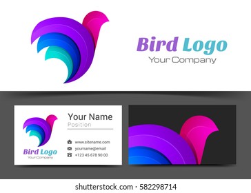 Bird Stylized Corporate Logo and Business Card Sign Template. Creative Design with Colorful Logotype Visual Identity Composition Made of Multicolored Element. Vector Illustration.
