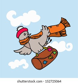 A bird with suitcase. Illustration for children's books, envelopes or postcards