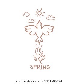 Bird, sun clouds line illustration. Spring symbol.