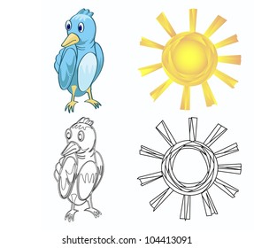 bird and sun with each outline isolated on white