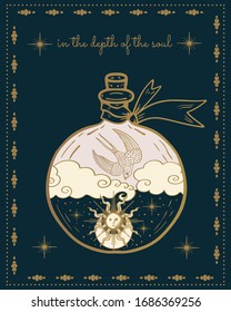 bird, sun and moon, magical vector illustration, tarot cards, soul symbol, alchemy. magic potion