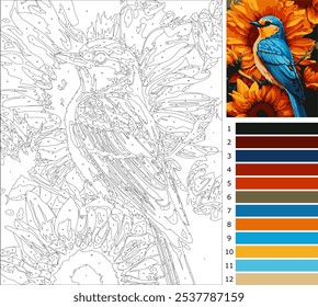 Ilustración de pájaro y girasol, página para colorear por número, niveles para principiantes