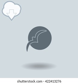 Bird at sunset icon with shadow. Cloud of download with arrow.