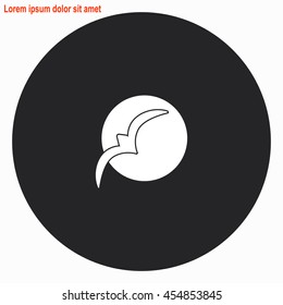 Bird at sunset web icon. Gray circle button with white illustration.