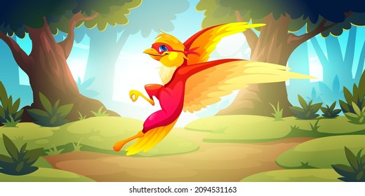 Bird superhero in red costume and mask flying in forest. Vector cartoon illustration of summer woods landscape with green trees, grass and cute canary character in super hero suit