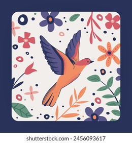 A bird surrounded by a floral pattern. Hummingbird Vector illustration