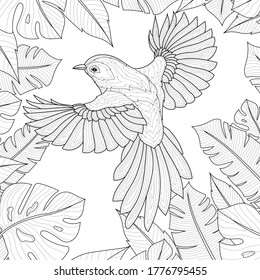 
Bird surrounded by tropical leaves.Coloring book antistress for children and adults. Zen-tangle style.Black and white drawing