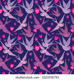 bird swallow romantic st. valentine's day love vector seamless pattern